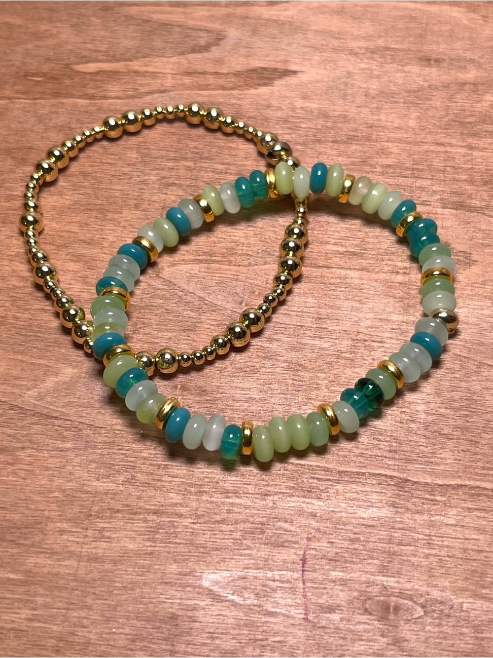 Gold Beaded & Aqua Multi-Glass Stretch Bracelet Set